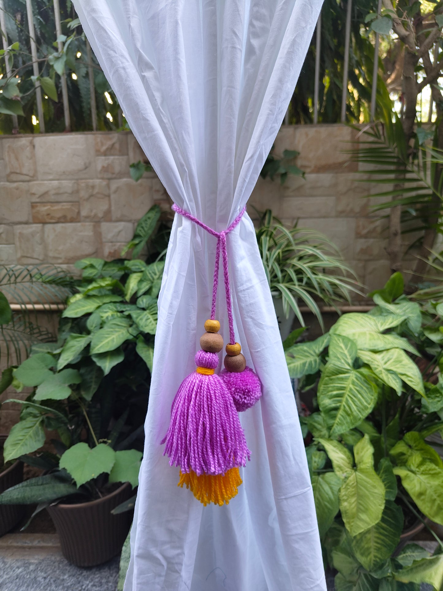 Curtain Tie Backs Yellow Lav Pompom & Tassel with Wooden Beads (Set of 2)