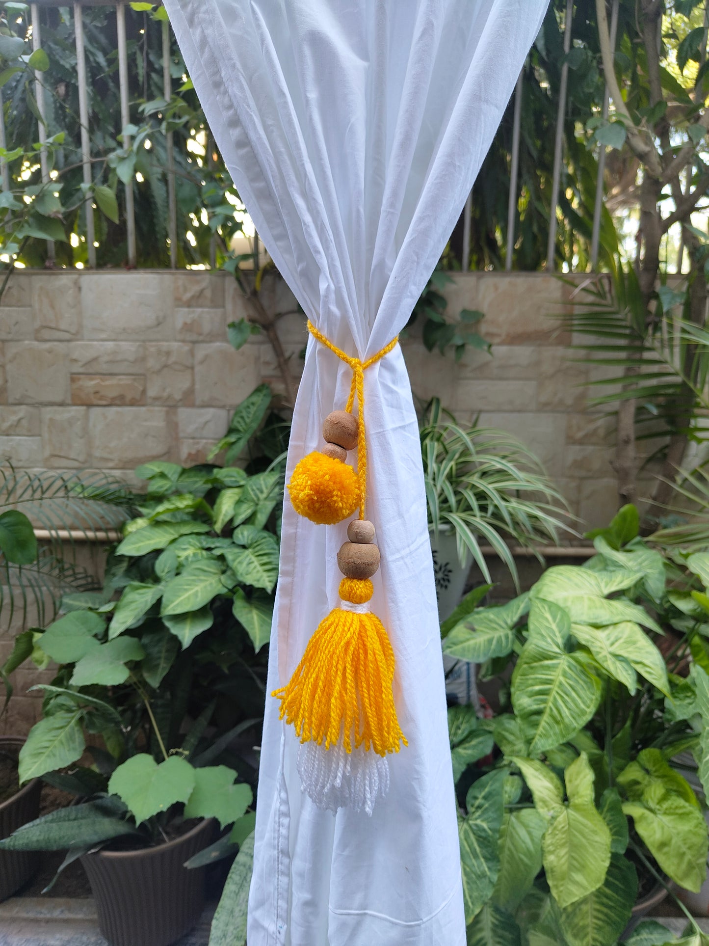 Curtain Tie Backs White Yellow Pompom & Tassel with Wooden Beads (Set of 2)