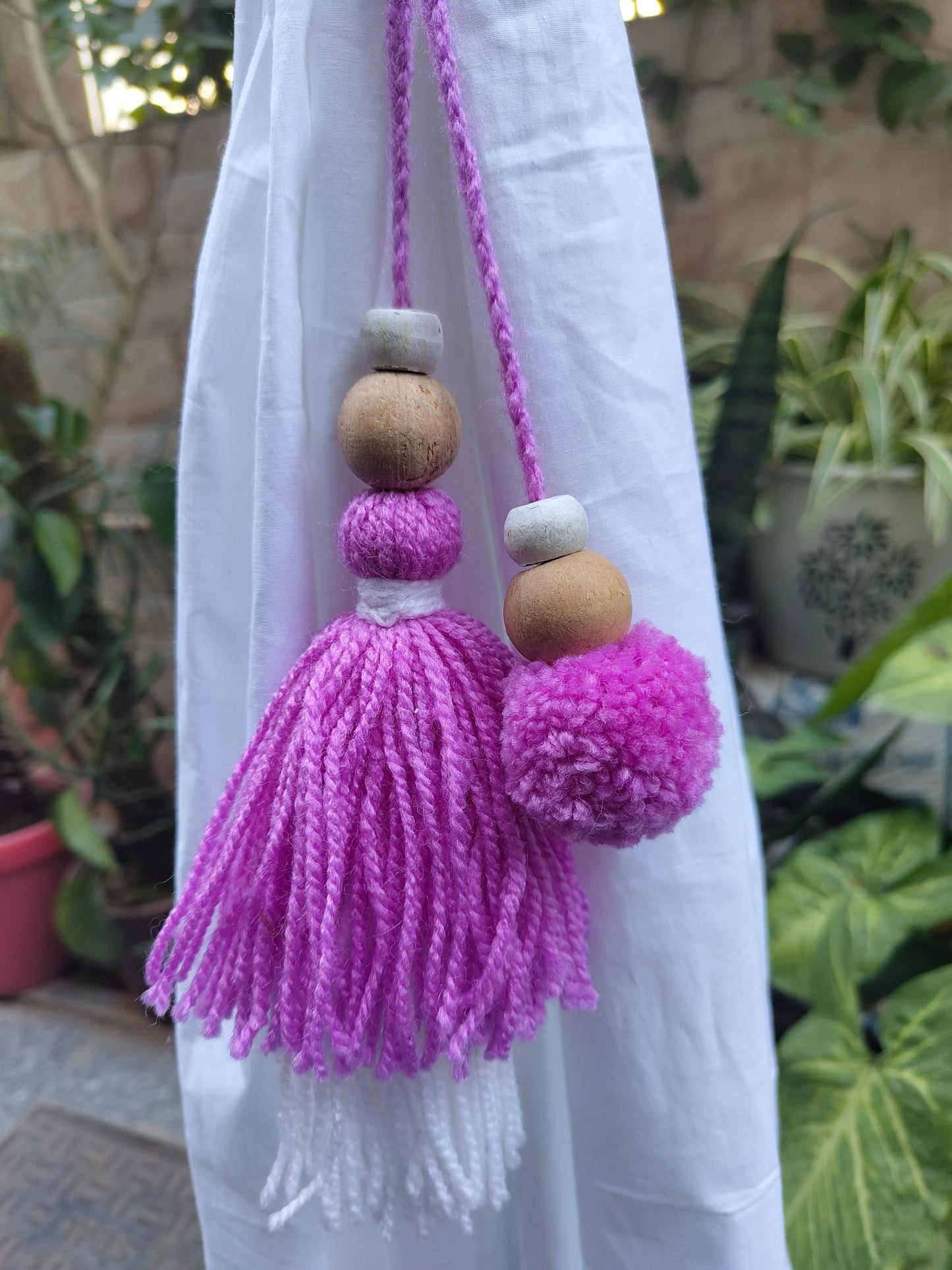 Curtain Tie Backs White Lavender Pompom & Tassel with Wooden Beads (Set of 2)