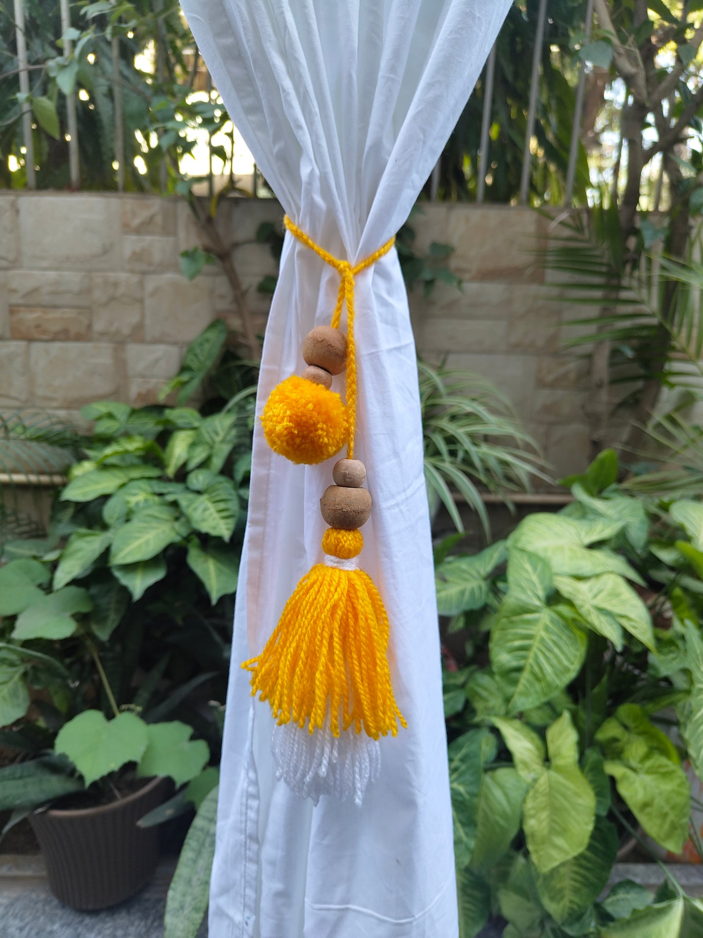 Curtain Tie Backs White Yellow Pompom & Tassel with Wooden Beads (Set of 2)