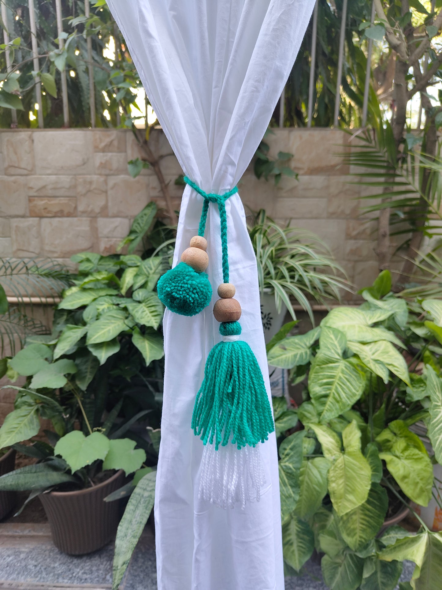 Curtain Tie Backs White Sea Green Pompom & Tassel with Wooden Beads (Set of 2)