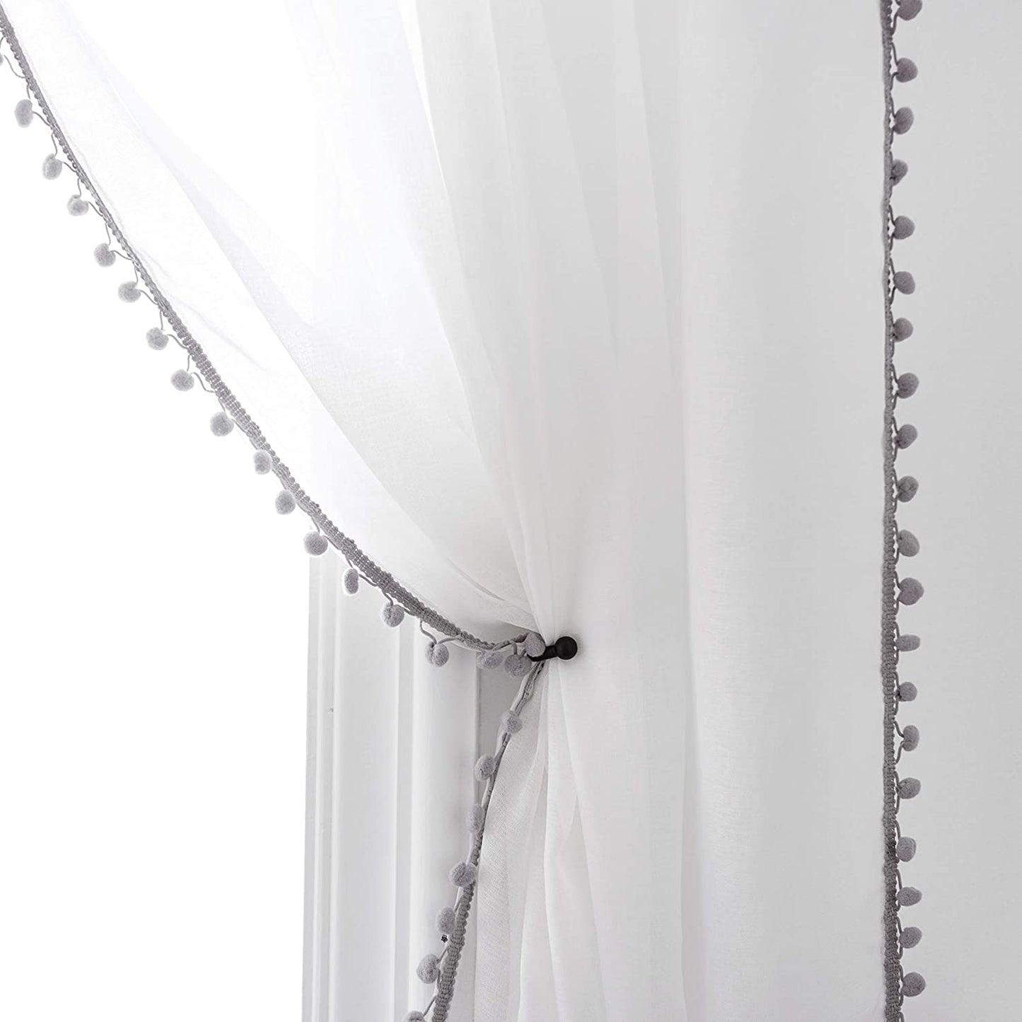 Colored Pompom Lace Modern White Cotton Curtains (7 Colors)