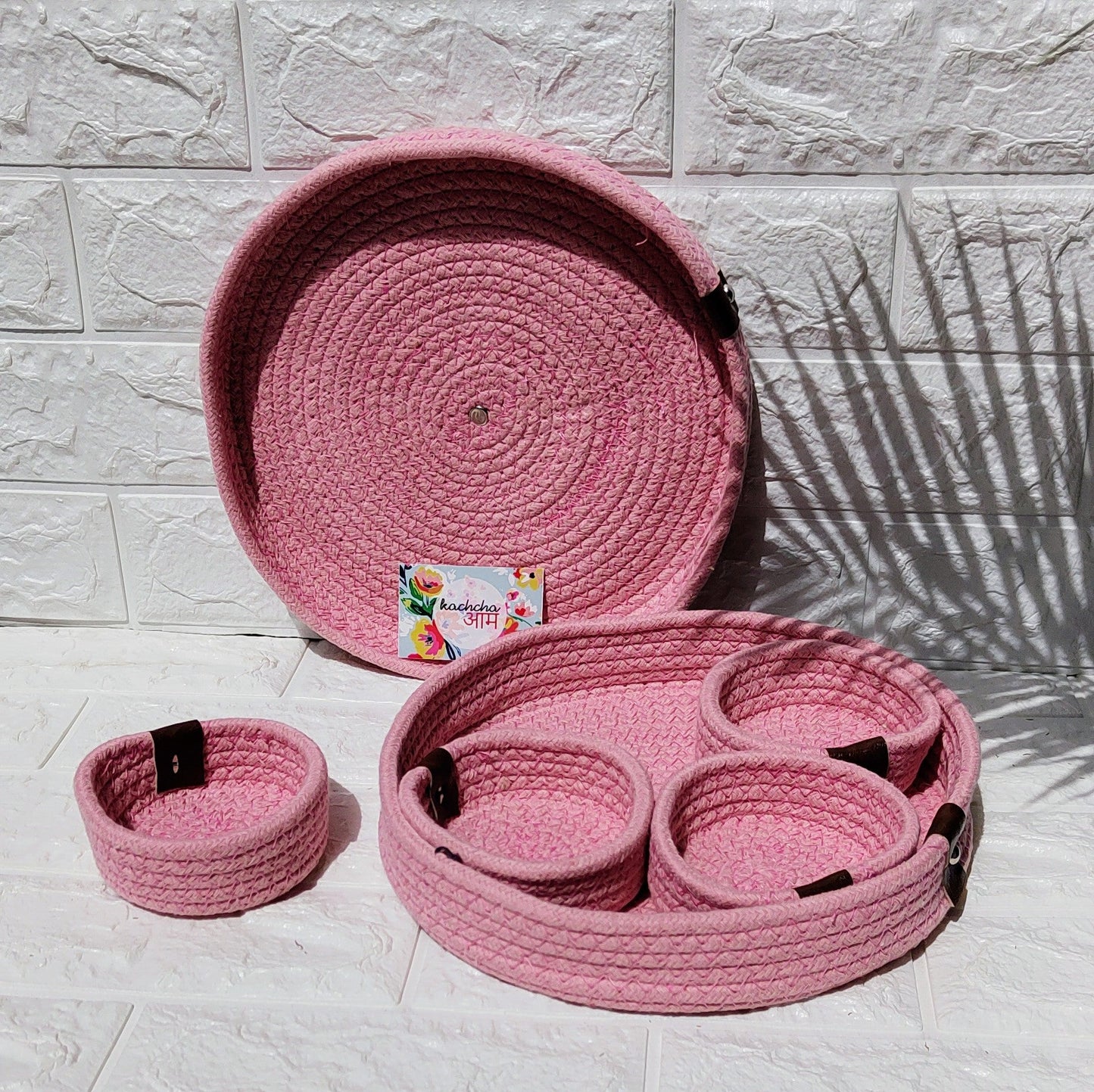 Multipurpose Cotton Baskets With 4 Bowls Pink