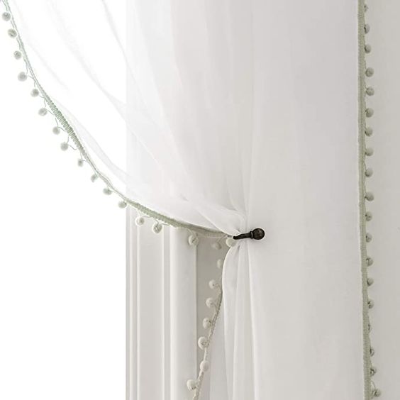 Colored Pompom Lace Modern White Cotton Curtains (7 Colors)